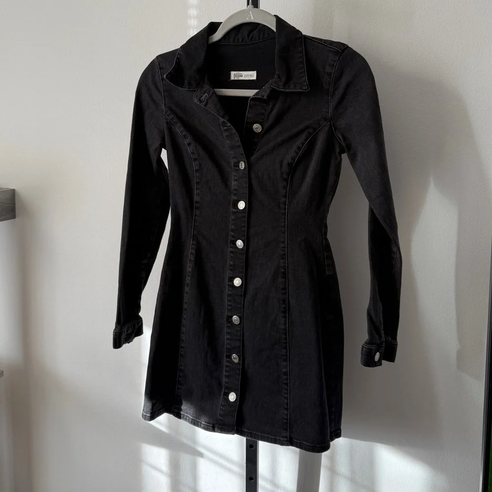 ZARA Washed Black Stretchy Long Sleeve Denim  Dress Size S - Picture 2 of 5